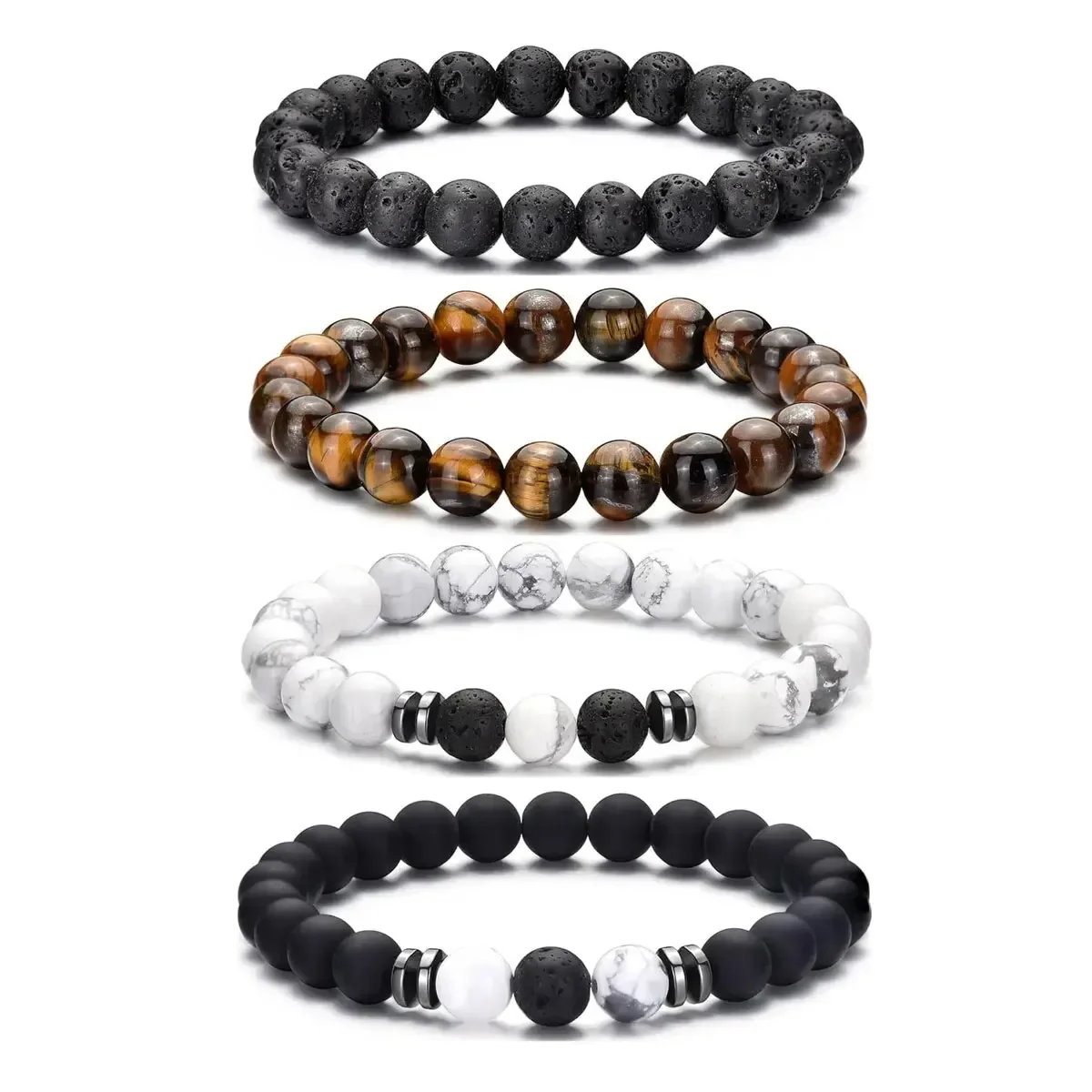 Ensemble de bracelets en perles de pierre naturelle pour hommes, 4 pièces de 8mm, oeil de tigre volcanique blanc Turquoise