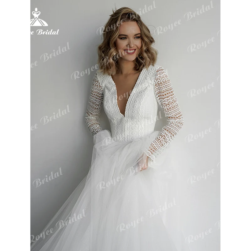 Bohemia V-neck Full Cap Sleeve Sexy Backless Lace A-Line Wedding Dresses Netting Bridal Gowns Sweep robe de mariée vestidos