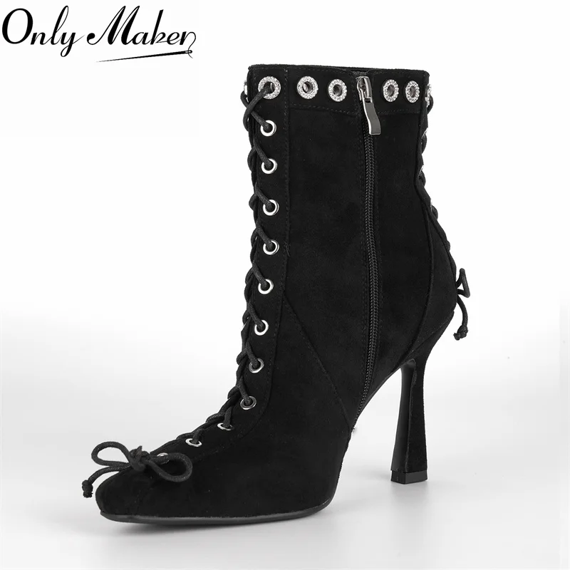 

Onlymaker Women Square Toe Brown Butterfly-knot Ankle Boots Side Zipper Fashion Autumn Winter Flock Ankle Boots