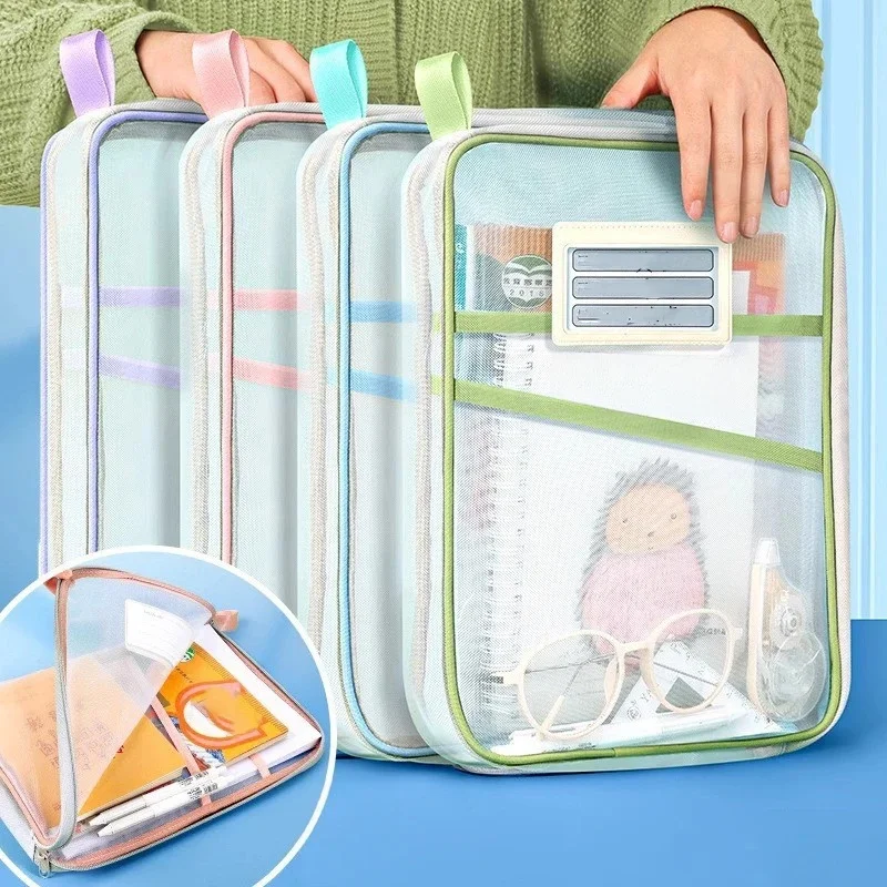 A4 Schreibwaren Lagerung Tasche Doppel-schicht Mesh Zipper Tasche Große Kapazität Organizer Ordner Schule Bürobedarf Schreibwaren Tasche