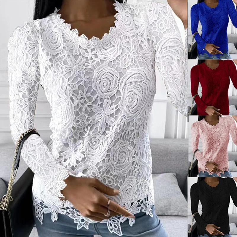 

Lace Women's Blouse Long Sleeved Casual Blouse Hollow Out O-Neck Temperament Elegant Shirt Autumn Fashion Solid Color Brand Tops