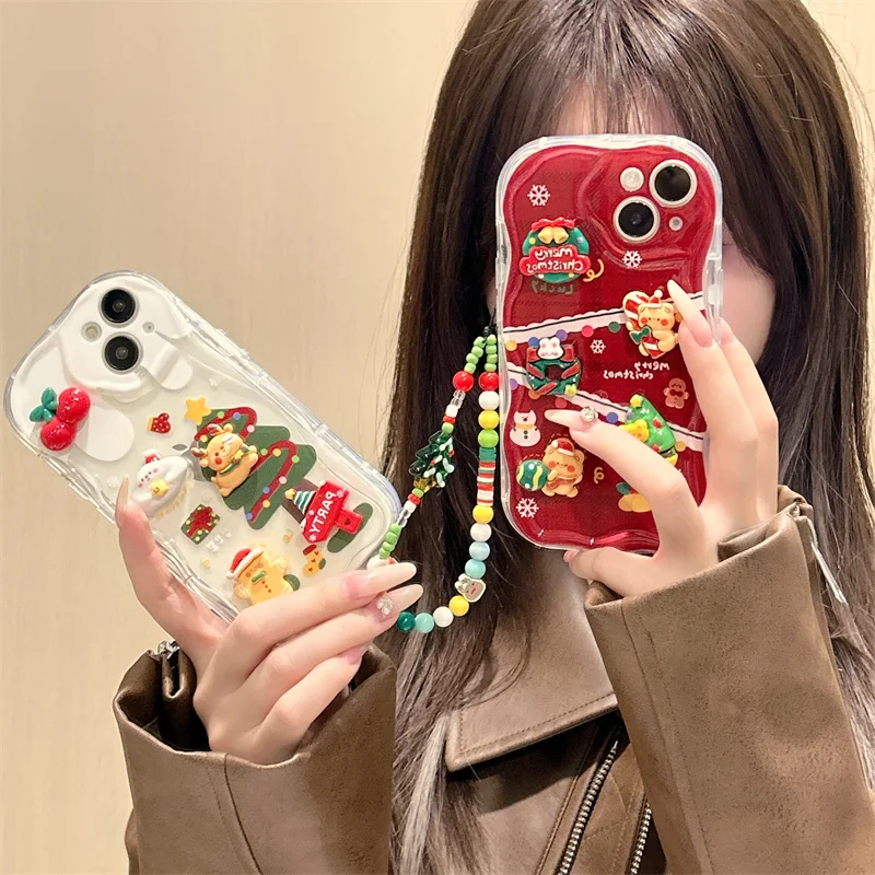 Merry Christmas Tree Cartoon 3D Moose Bear Phone Case for iPhone Soft Cream Back Cover Gift 16 Pro15 14 13 12 11 15 Pro 16Plus