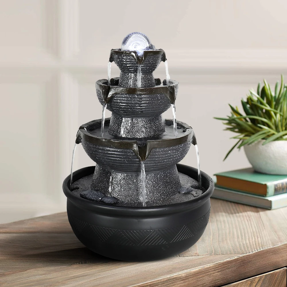 Tabletop Waterfall Fountain Rotating Ball Interior with LED Light, Resin Material, Black, Suitable for Home Kitchen Office Decor