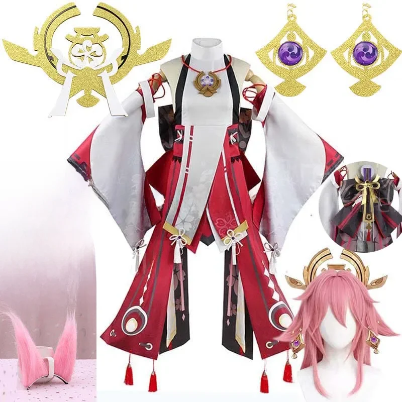 Yae Miko Volledige Set Guuji Yae Cosplay Kostuum Pruik Earning Hoofddeksels Oren Staart voor Comic Con - afbeelding 2