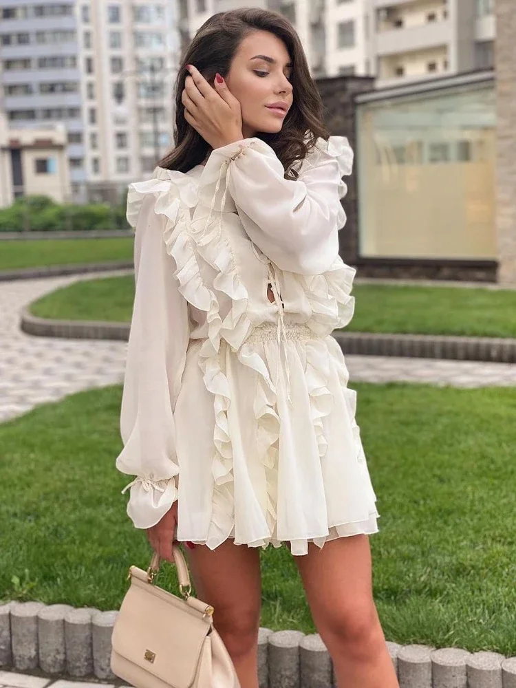 TARUXY Sheer Lace Mesh Dress Women Fashion Deep V Neck Bandage Ruffle Oversized Shirt Dress Femme Elegant Sexy Cover-up Woman — zdjęcie 2