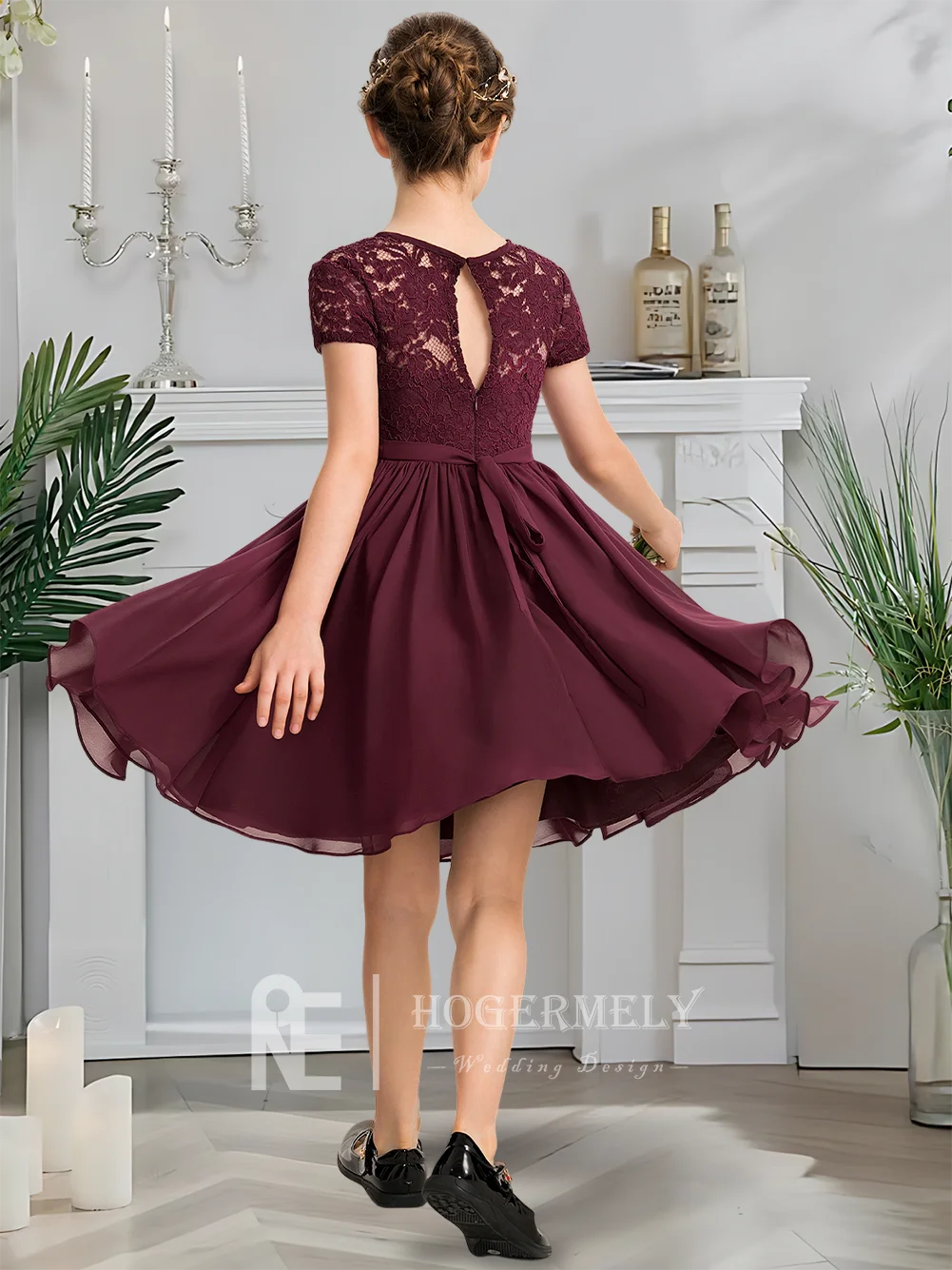 Роскошное платье подружки невесты с круглым вырезом, платье русалки с цветочным узором для девочек, шифоновое кружево длиной до колена с каскадным бантом, свадебная вечеринка