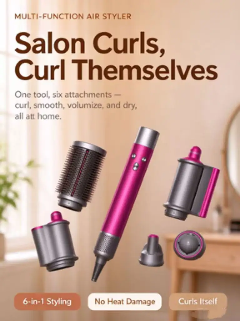 Multi-Function Hot Air Styler, Automatic Hair Curler with 6 Interchangeable Attachments, Ionic Blowout Brush for Women Salon Curls at Home