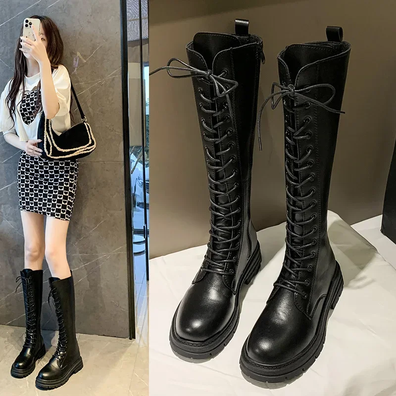 Women  Boots Autumn 2023 Female High Platform Gothic Shoes Black Leather Boots Lace Up Women Knee High Boots
