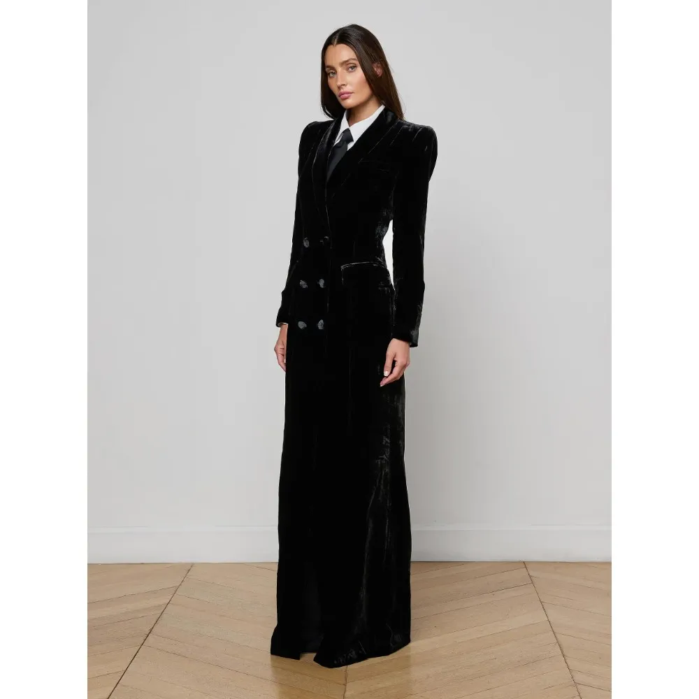

Black Velvet Double-Breasted Long Blazer with Satin Lapel, Elegant Evening Coat
