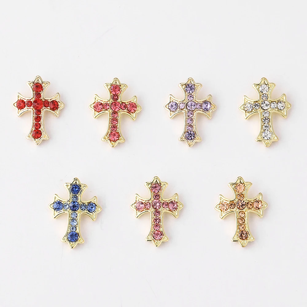 10Pcs Luxury Silver Cross Nail Art Charms 3D Alloy Retro Glitter Diamond Cross Nail Rhinestones DIY Punk Manicure Accessories