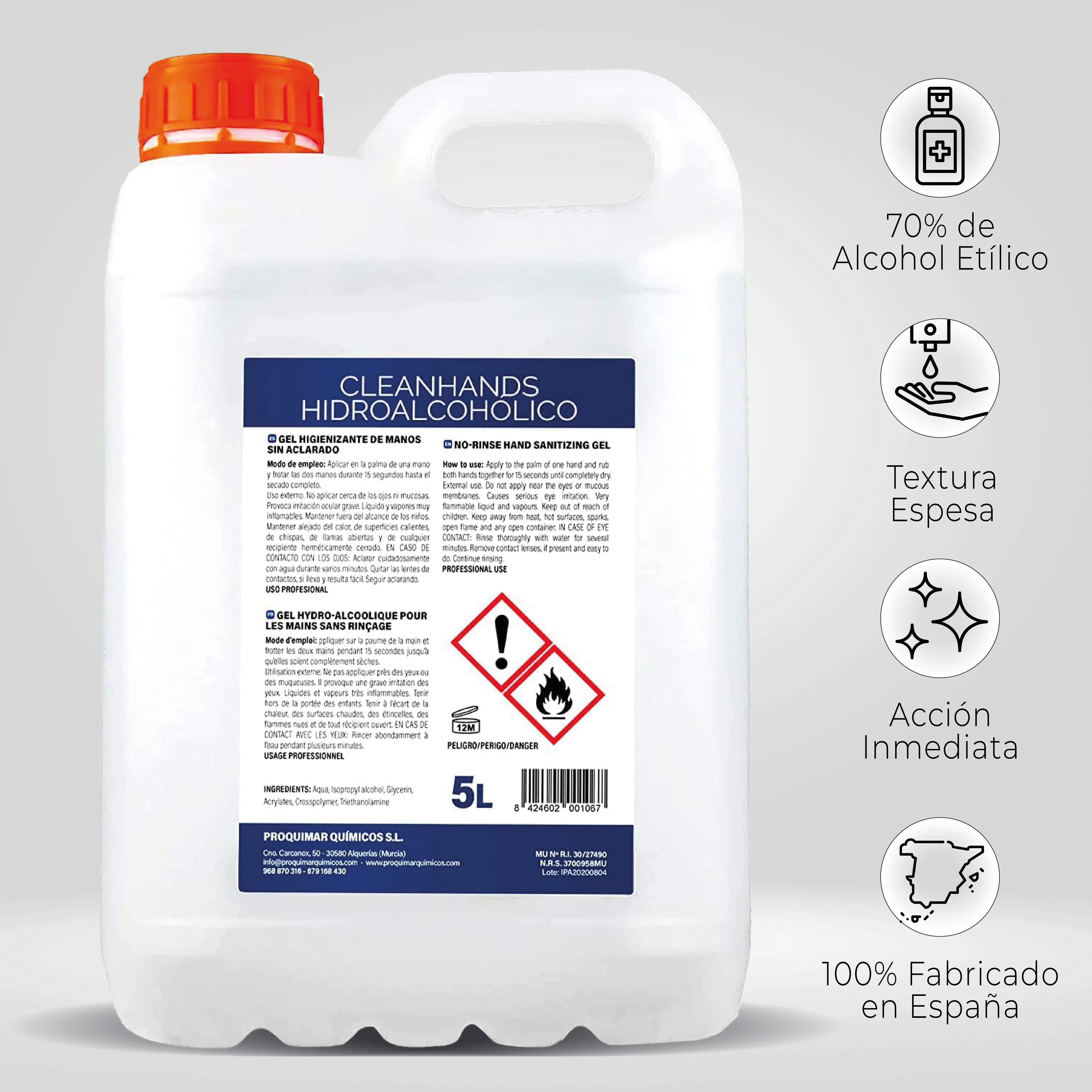 Hydroalcoholic GEL sanitizing hands without rinsing carafe 5 litres