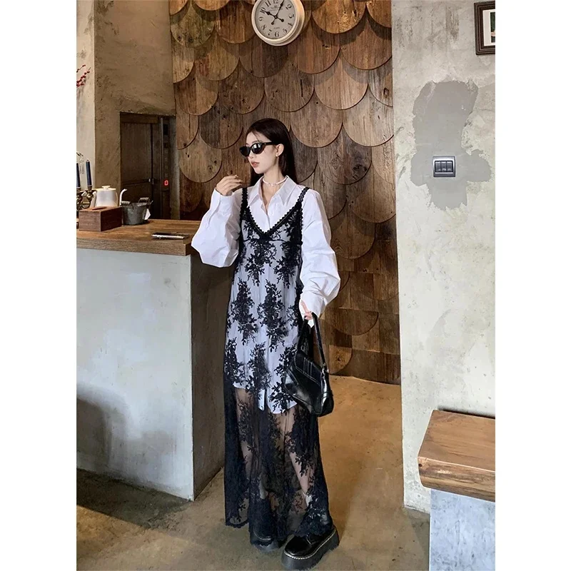 MEXZT Y2K Lace Sheer Black Midi Dress Women Vintage Floral Embroidery Strap Dresses Streetwear Korean Sexy V Neck Chic Vestidos — zdjęcie 2