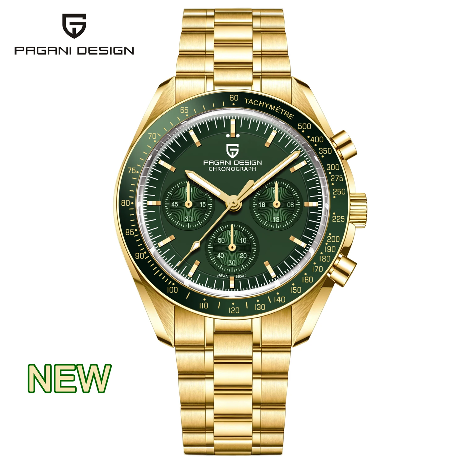 PAGANI DESIGN New Moon Herrenuhr, Top-Luxus-Quarzuhr in Goldgrün für Herren, Sport-Chronograph, AR-Saphirglas, schützende Leuchtfunktion, Keramik-Lünette, Edelstahl-Uhr, lokaler Versand.