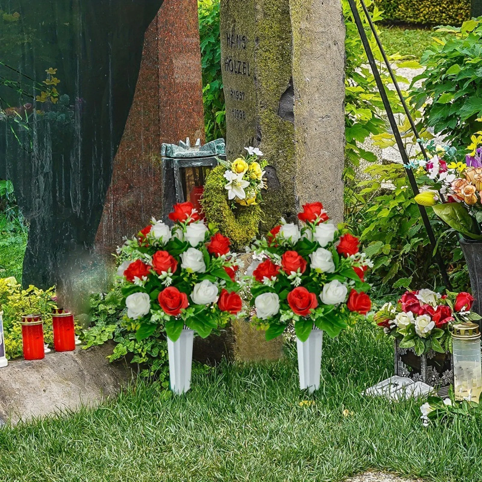 1pc Cemetery Memorial Artificial Flower Silk Rose Bouquet with Vase Sympathy Fake Floral Grave Funeral Deco Multicolor