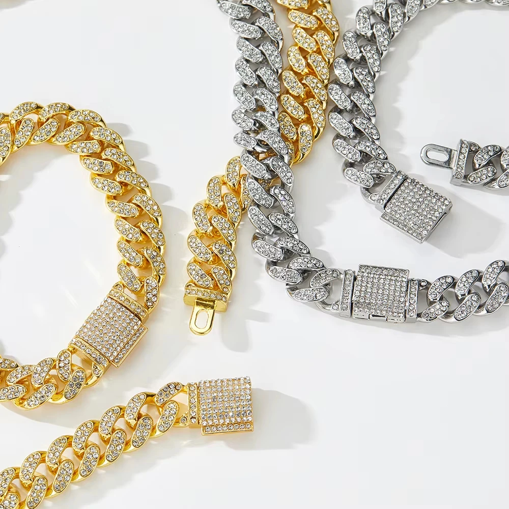 

12 мм Iced Out Кристалл Зубец Майами Кубинская Цепочка Ожерелье для Женщин Мужчин Bling Paved Rhinestone Колье Ожерелье Хип-Хоп Ювелирные Изделия Подарок