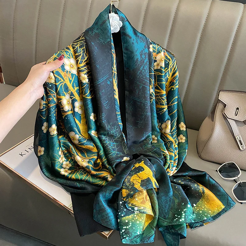 Mode Druck Große Schal Wraps Seide Schal Frauen Luxus Marke Satin Stirnband Hijab Bandana Turban Foulard Sommer Strand Stolen – Detail 14