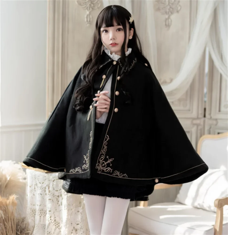 Japanese Harajuku Kawaii Girl Autumn Winter Dark Lolita Cloak Polo Collar Batwing Sleeve Gothic Lolita Coat Retro Victorian Loli