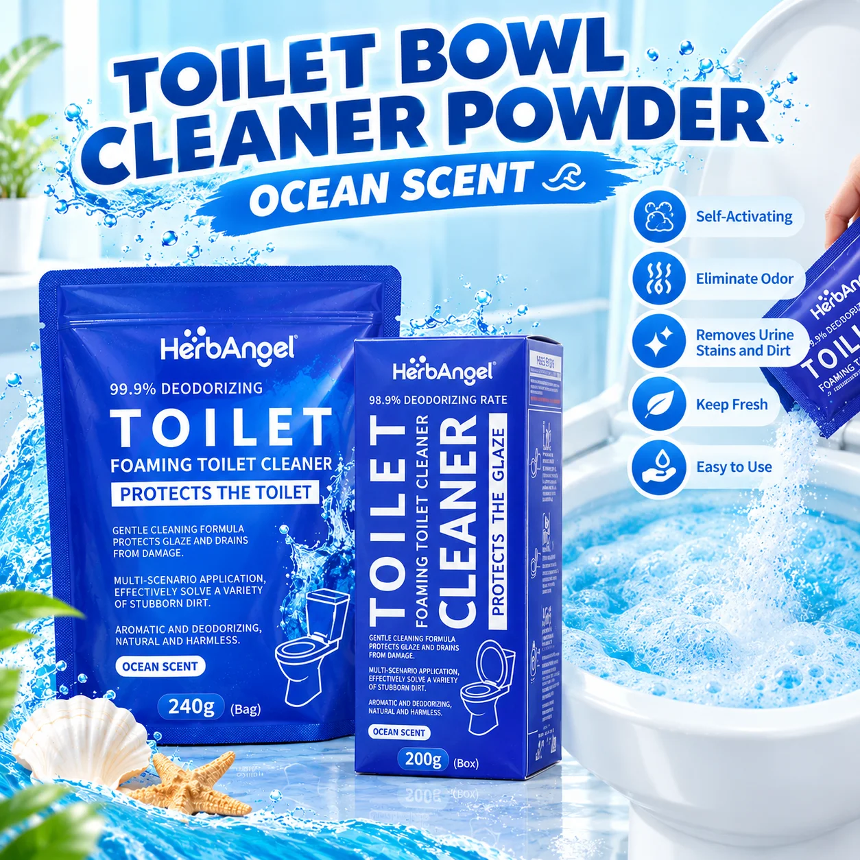 Toilet Bowl Cleaner Self‑Activating Foam Cleaning Powder Eliminate Odor Removes Urine Stains and Dirt Easily Descaling Limescale & Odor Deodorizing Keep Fresh Easy to Use Ocean Scent Septic Safe Box and Sachet Pack Daily Toilet Maintenance