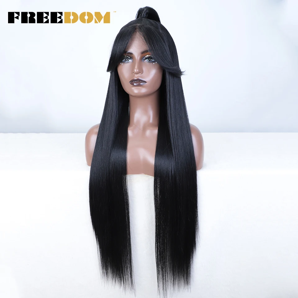 FREEDOM Synthetic Lace Front Wigs For Women 36 inches 13x4 Long Straight Updo Ombre Brown Red White Wig With Bangs Cosplay Wigs