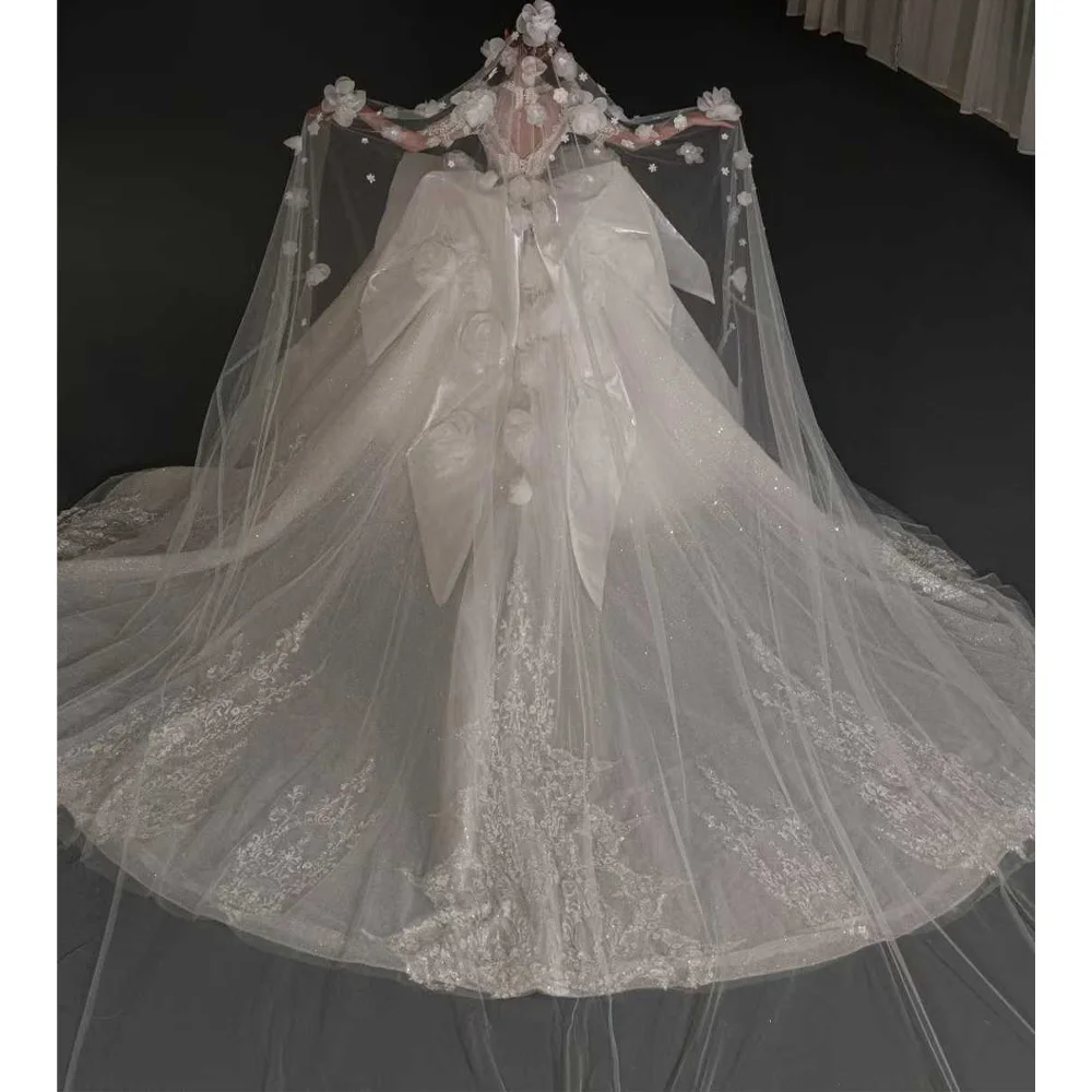 Robe de mariée de luxe à col en v, dos à lacets et broderie de fleurs 3D, demi-manches, robe de mariée personnalisable
