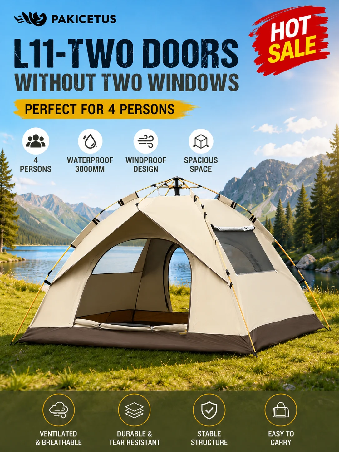 PAKICETUS 3-Sekunden-Pop-Up-Zelt mit Fiberglasstangen und hochwertigem Oxford-Gewebe – automatischer, sofortiger Aufbau, leichtes Campingzelt für alle Jahreszeiten, windbeständig, geräumiger