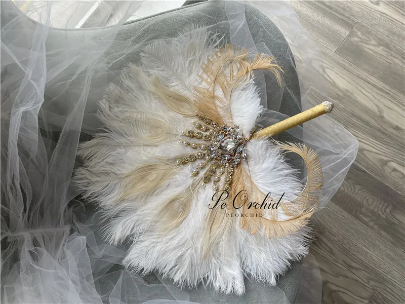 PEORCHID Gorgeous Peacock Bridal Hand Fan Ostrich Feather Golden Crystal Brooch Bouquet Great Gatsby 1902s Wedding Bouquet Fan