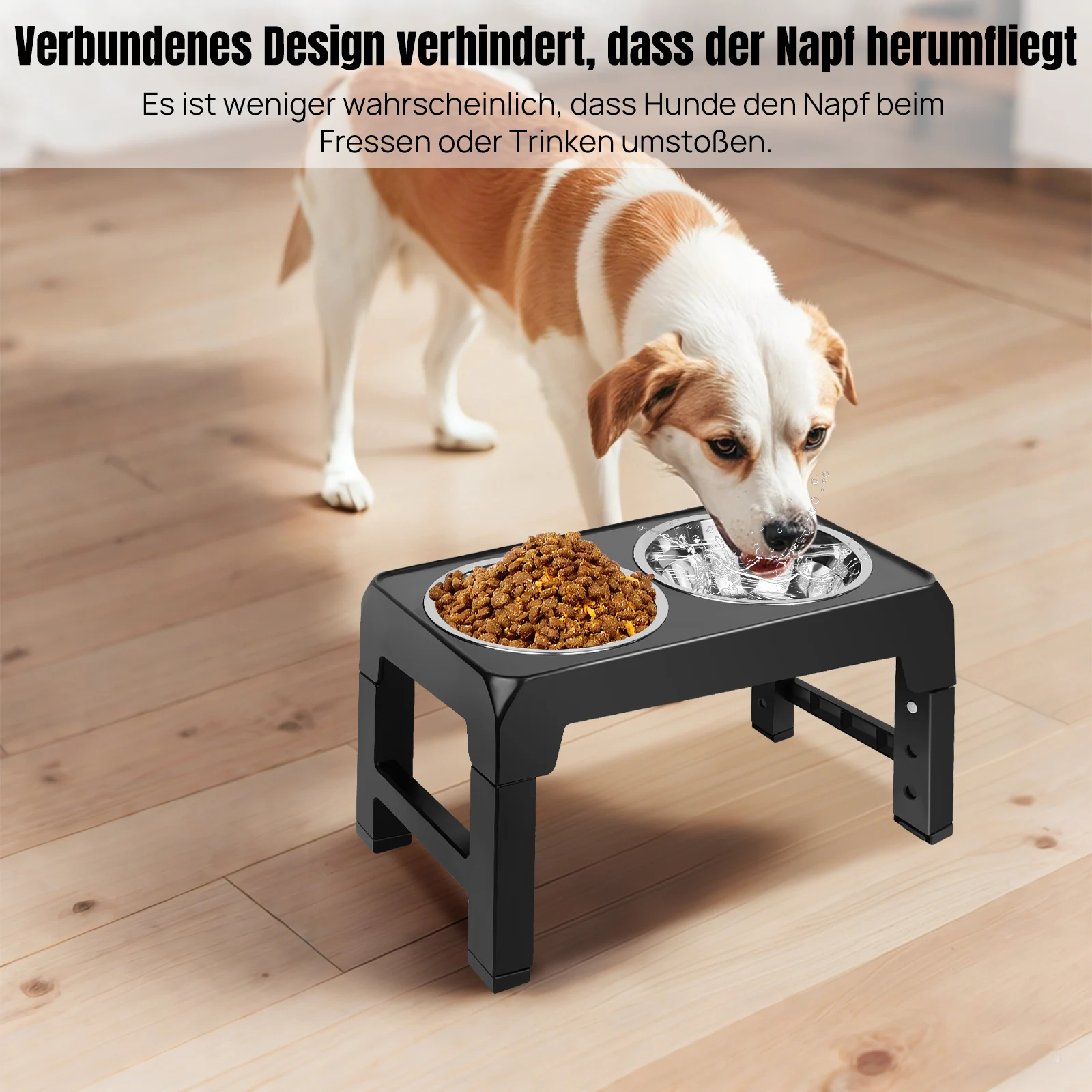 Speciale voerbakhouder voor huisdieren, in hoogte verstelbare hondenbak, inclusief twee roestvrijstalen bakjes van 1200 ml, antislip PET voerbak, zwart