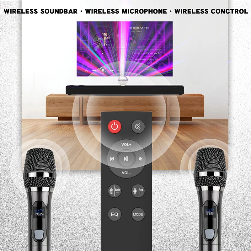 Rsionch-Barre de son karaoké avec ampoule de scène, microphone sans fil, télécommande, haut-parleur Bluetooth 60W, barre de son pour TV, ordinateur portable, budgétaire