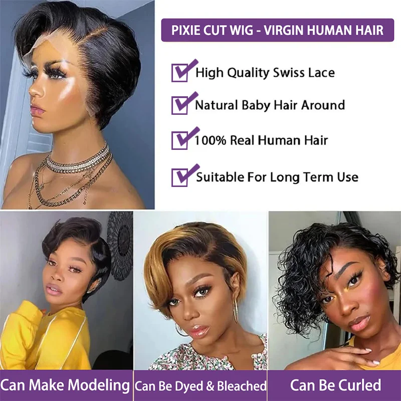 Straight Pixie Cut Wig Transparent Lace Human Hair Wigs Short Bob Wig Side Part Lace Wig Prepluck Brazilia Human Hair For Women