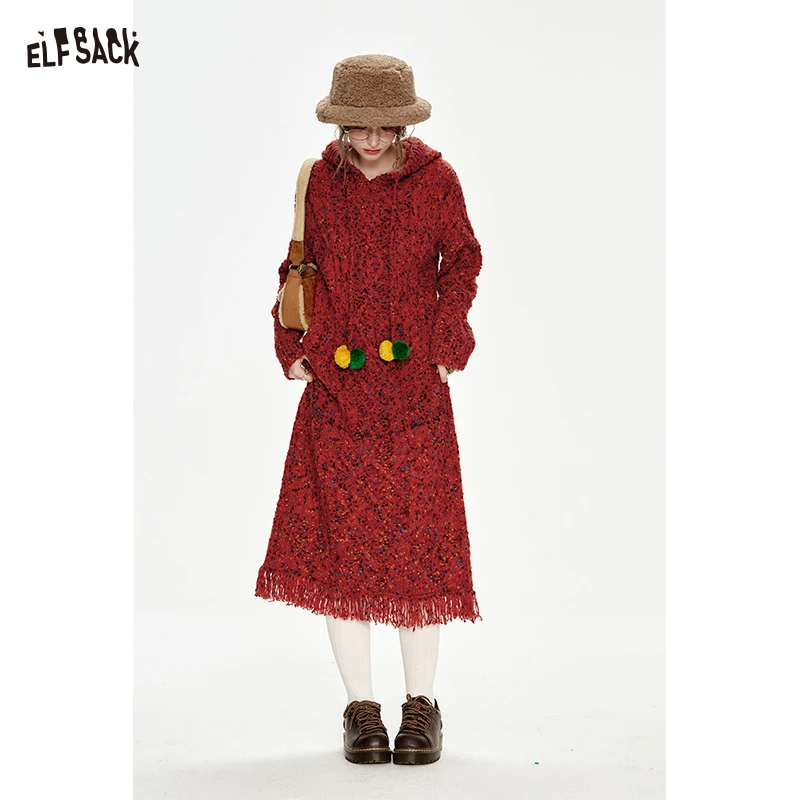 

ELFSACK 2024 Winter New Arrivals Hooded pompom drawstring knitted red colorful dots long-sleeve long dress for women Christmas o