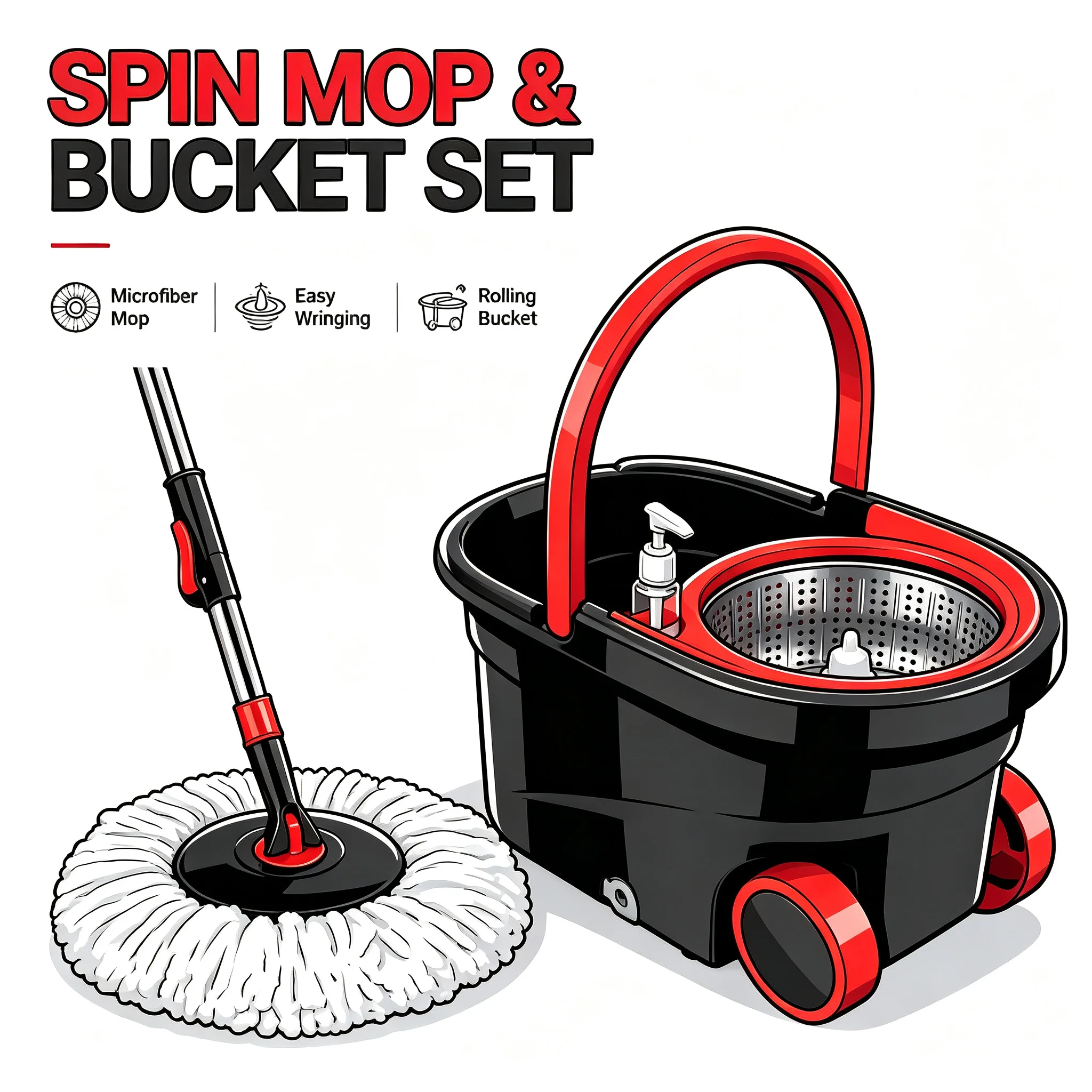 Home Bathroom Cleaning Kit - Spin-Mop- und Eimersatz, freihändig auswringbarer Mop