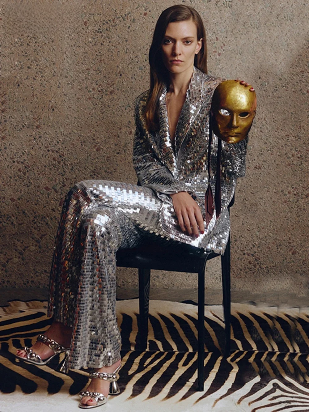 Modphy Fashion 2025 ensemble de costume de créateur femmes paillettes paillettes Blazer pantalon évasé costume deux pièces ensemble élégant tenue argentée