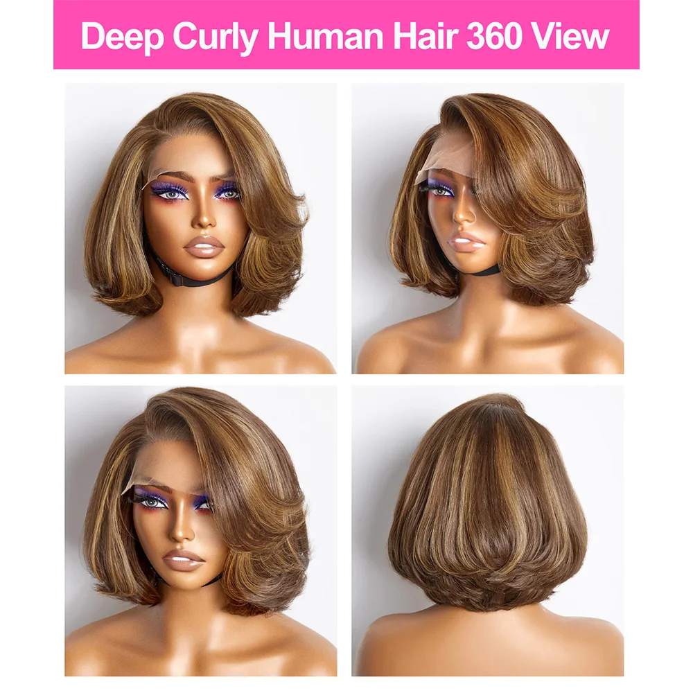 Toffee Brown Mixed Blonde Bob Wig Layered Cut glue-free Human Hair 5x5 Closed HD Lace Bob wig Cut side part Short Bob wig