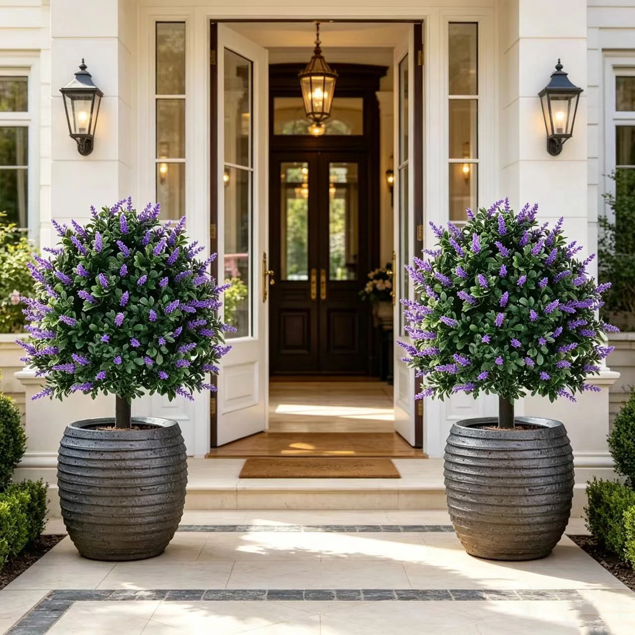 

2 Pack Artificial Lavender Topiary Trees, UV Resistant Fake Lavender Plants for Outdoor Porch Garden Home Decor