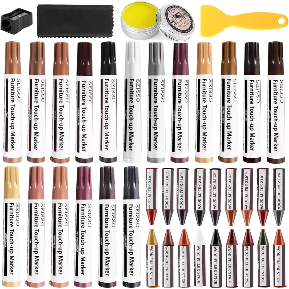 

SEISSO Furniture Repair Kit 18 Colors Touch Up Markers and Wood Filler Sticks with Wood Polish Wax for Wooden Table Cabinet