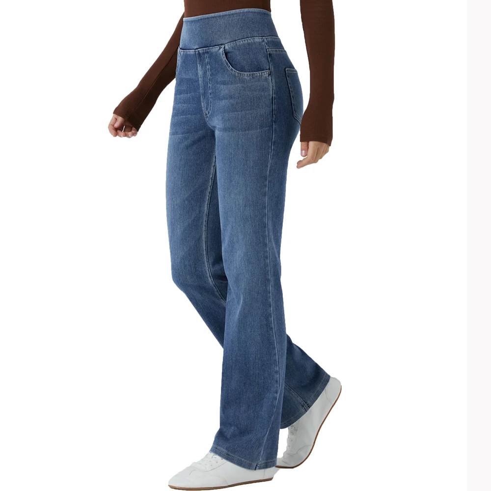 Shascullfites High-Waist Bootcut Jeans mit Bauchkontrolle, mehreren Taschen, blau gewaschen, aus dehnbarem Strick, Freizeitjeans – Detail 4