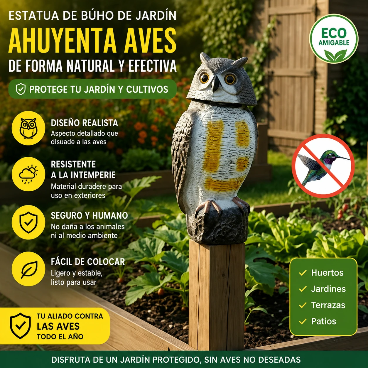 Épouvantail de jardin en résine de 36 cm, répulsif naturel pour oiseaux, lapins, souris et écureuils, figurine décorative réaliste résistante aux intempéries pour jardin, terrasse, balcon et toit, protection écologique sans produits chimiques