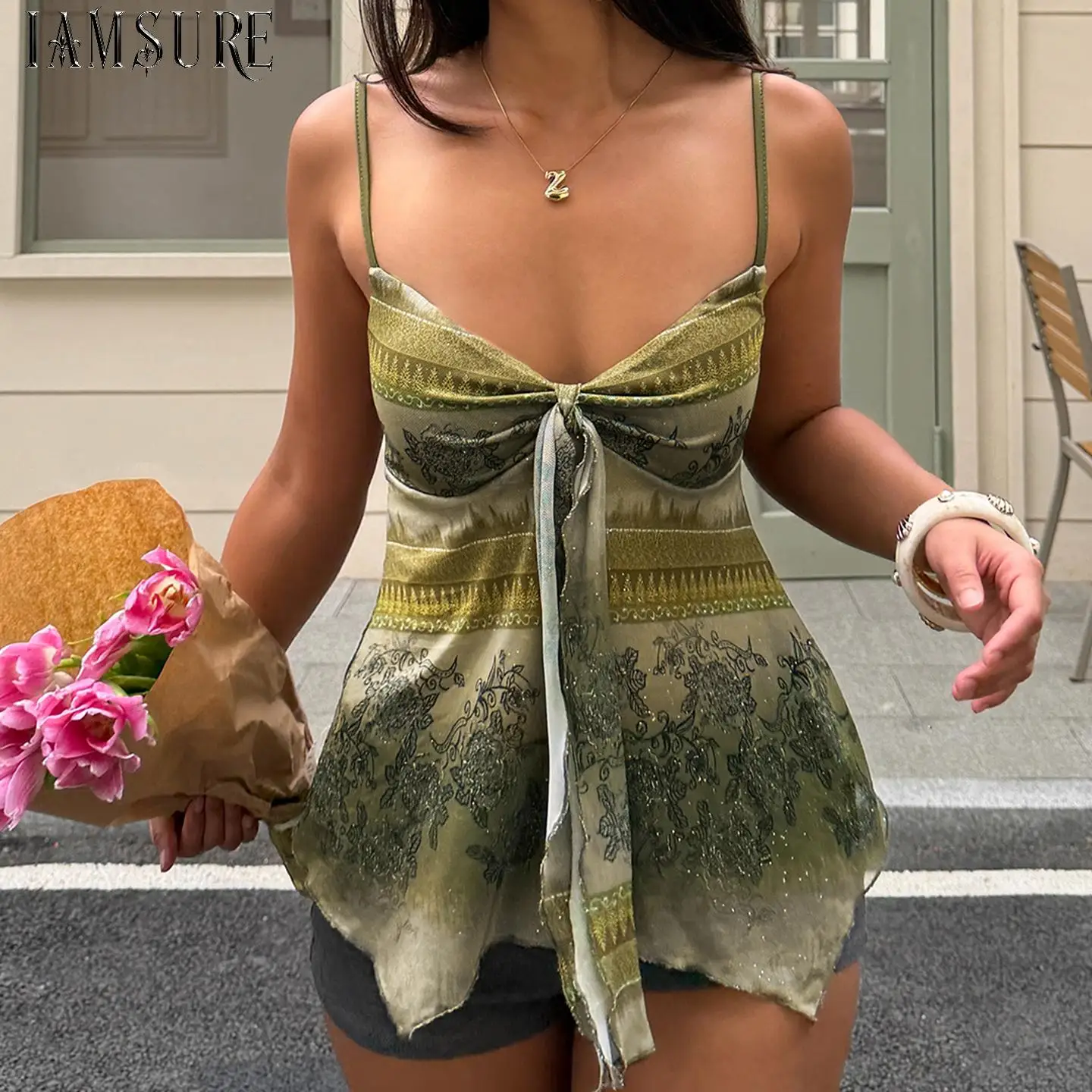 Women Y2K Mesh Spaghetti Strap Cami Top Green Gradient Bow Front Ruched Slim Fit Vintage Aesthetic Sleeveless Going Out Summer