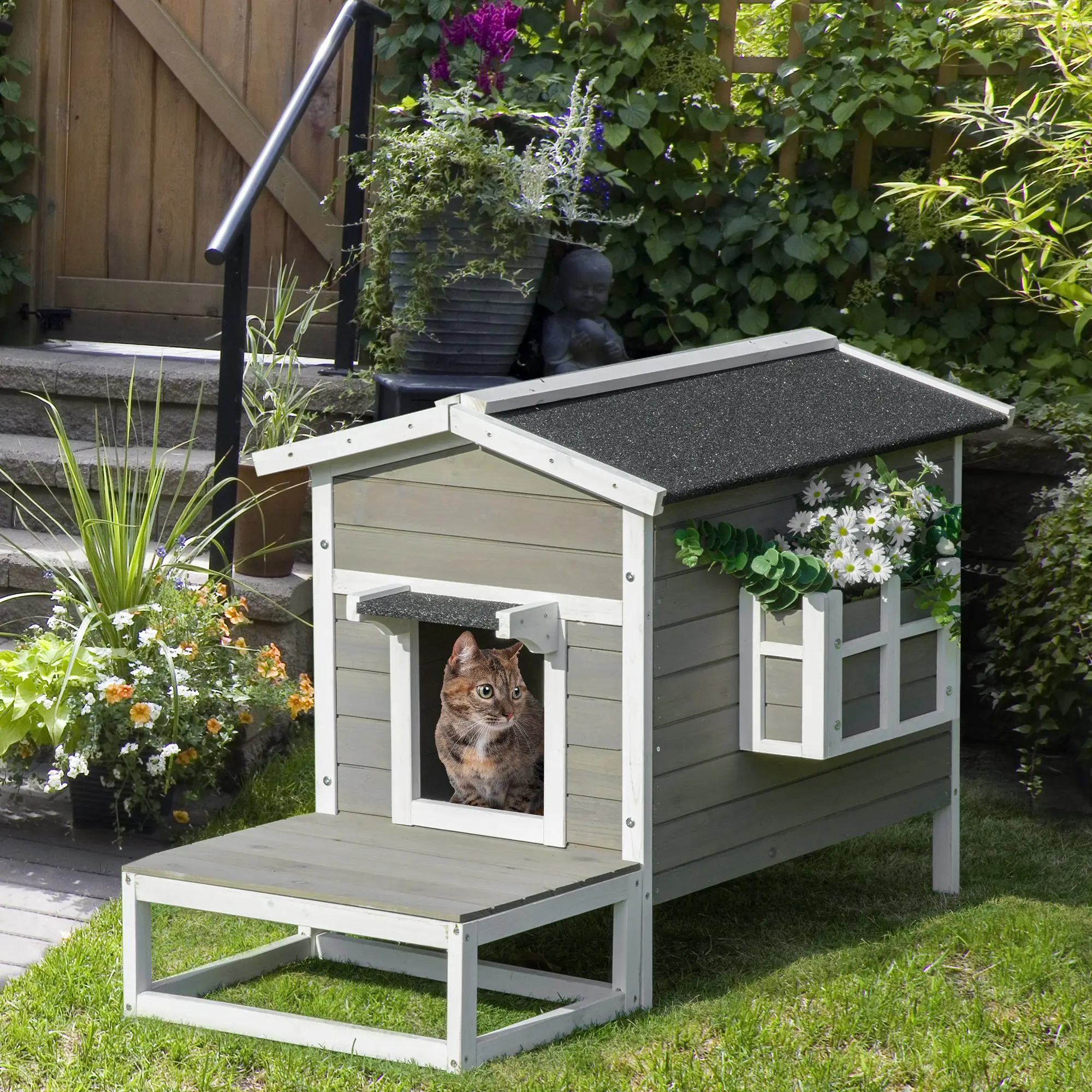Wetterfestes Holz-Katzenhaus, Isoliertes Outdoor-Katzennest mit Balkon und Asphaltdach, Innen- und Außen-Katzenmöbel