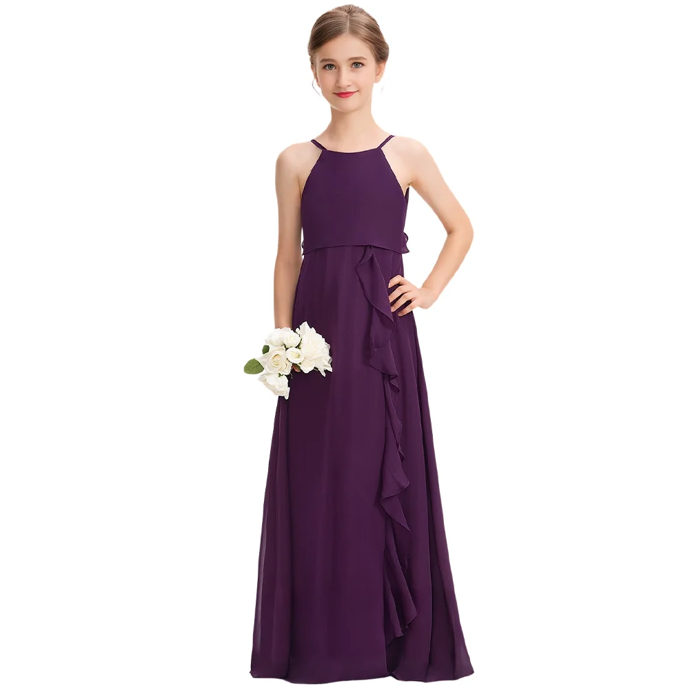 홀터 주니어 신부 들러리 드레스 플라워 걸 드레스 바닥 길이 쉬폰 계단식 보우 프릴 소녀 웨딩 파티 공식
