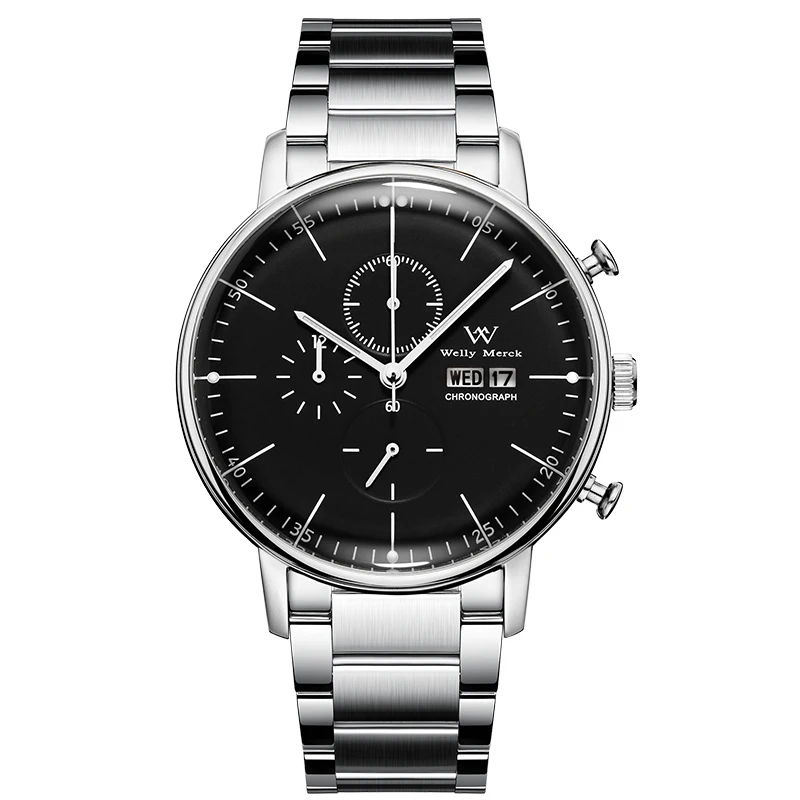WM Watch Quartz Watches Casual Business Sapphire Crystal Water Resistant Stainless Steel Welly Merck Watch 014M