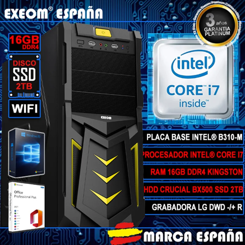 Ordenador Gaming Pc Sobremesa Intel i7 16GB DDR4 SSD CRUCIAL 2TB WIFI Windows 10