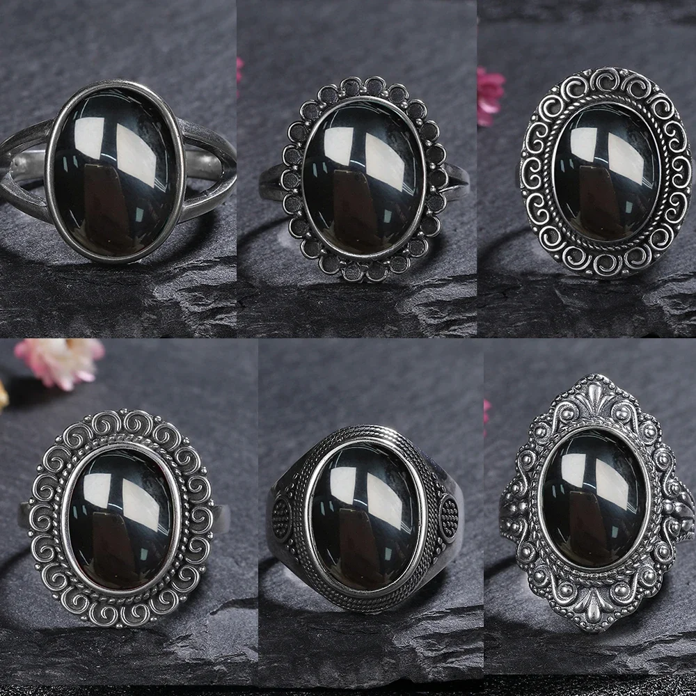 Bague en argent S925 pour femmes, ovale, ronde, en Agate noire naturelle, cadeau en forme de soleil, rétro, bijoux fins de luxe