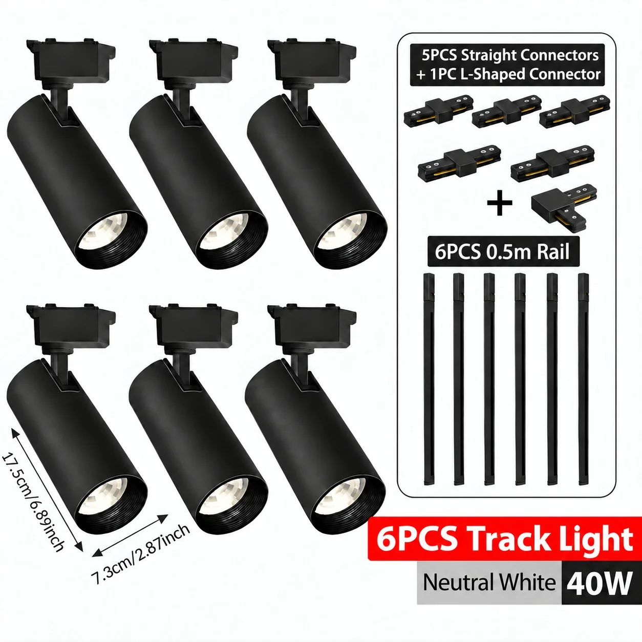 LED-spoorverlichtingsset, zwart, met 4 of 6 spots, inclusief 0,5 m lange rails en verbindingsstukken, 20W, 30W, 40W, plafondspoorverlichtingsset, 350. ° Verstelbaar