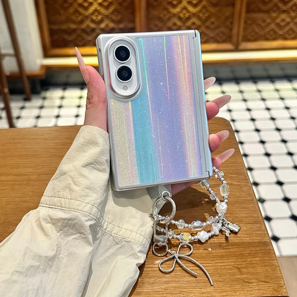Korean Ins Glitter Aurora Pattern Phone Case for Samsung Galaxy Z Fold 8 fold 8, Aesthetic Anti-drop Protective Cover With Charm