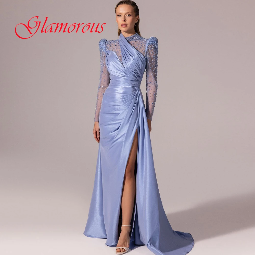 

Customized Temperament High Collar Evening Dress Elegant Satin Long Sleeves Prom Dresses Sexy Sweep Train Special Occasion Gowns