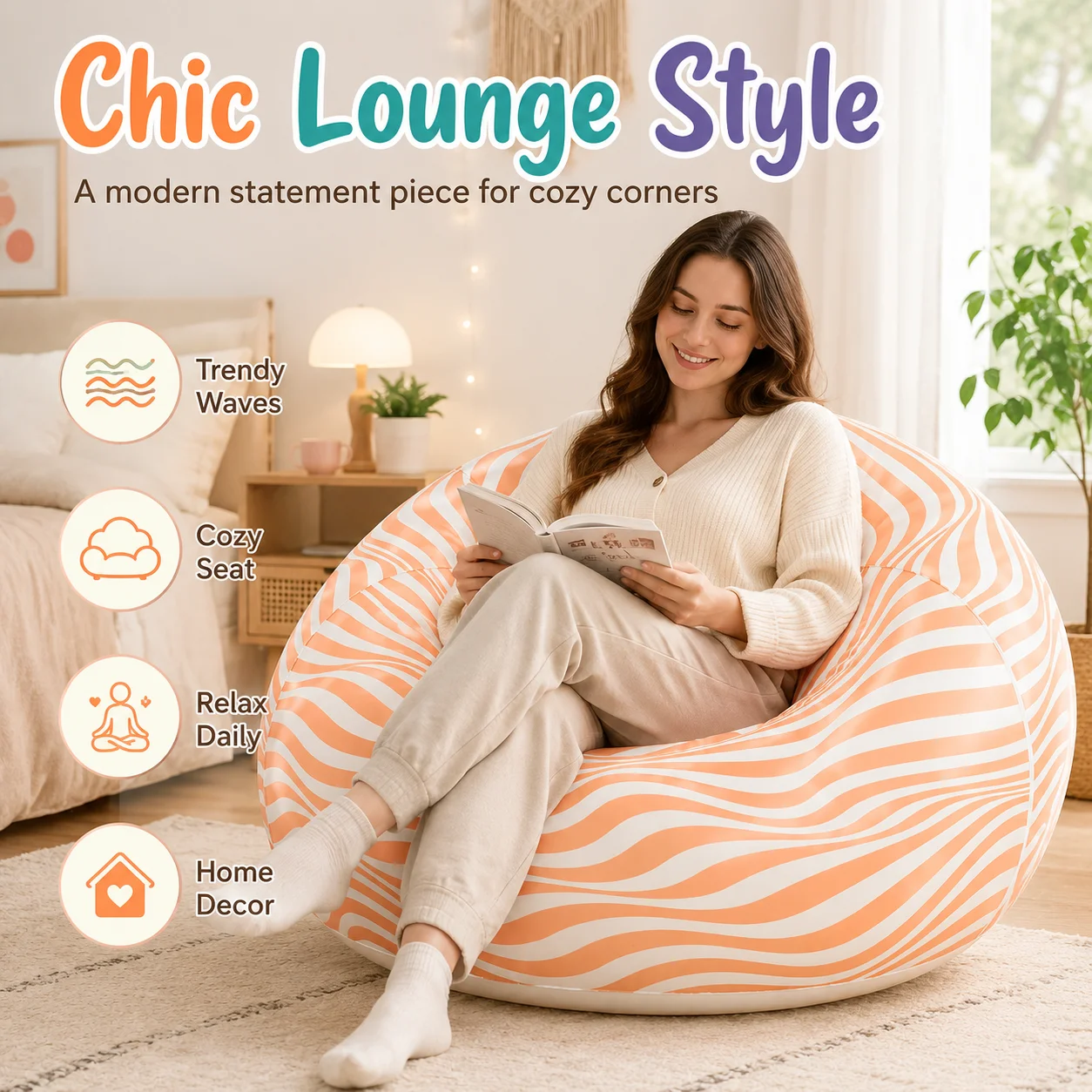 1PC Inflatable Bean Bag Chair, Air Sofa Striped Lounge Sofa, PVC Lazy Recliner Pool Float Indoor Outdoor Portable Waterproof - view 2