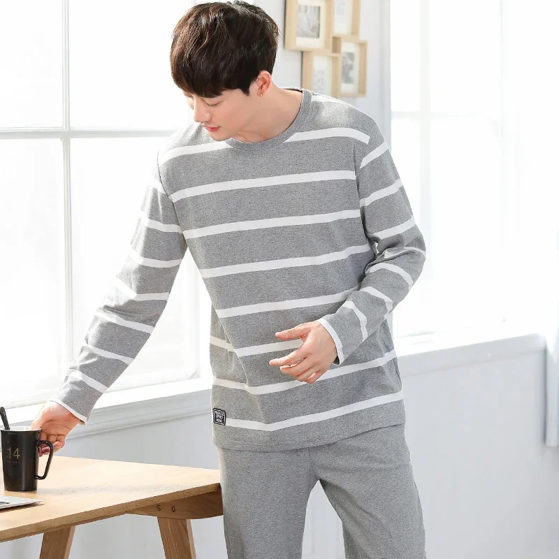 Casual O Neck Cotton Pajamas Men's Pijama Sets Autumn Breathable Long Sleeve Sleep Tops Sleepwear pijama Man Home Suit Dropship — zdjęcie 2