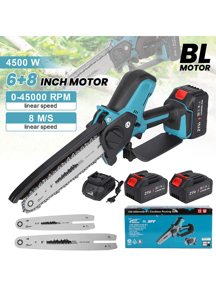6/8-Zoll Bürstenlose Elektrische Kettensäge 4500W Kabellose Akku-Astsäge Holzbearbeitungs-Elektrowerkzeug Handgehaltener Gartenschneider mit 2 Stück 21V Akkus