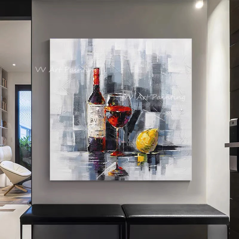 Hand Painted Impasto Still Life Oil Painting, Wine Bottle Glass Lemon Palette Knife Canvas, Kitchen Square Wall Decor